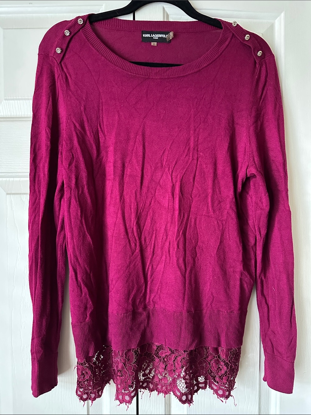 Karl Lagerfeld Fuchsia Lace-Hem Button-Shoulder Sweater